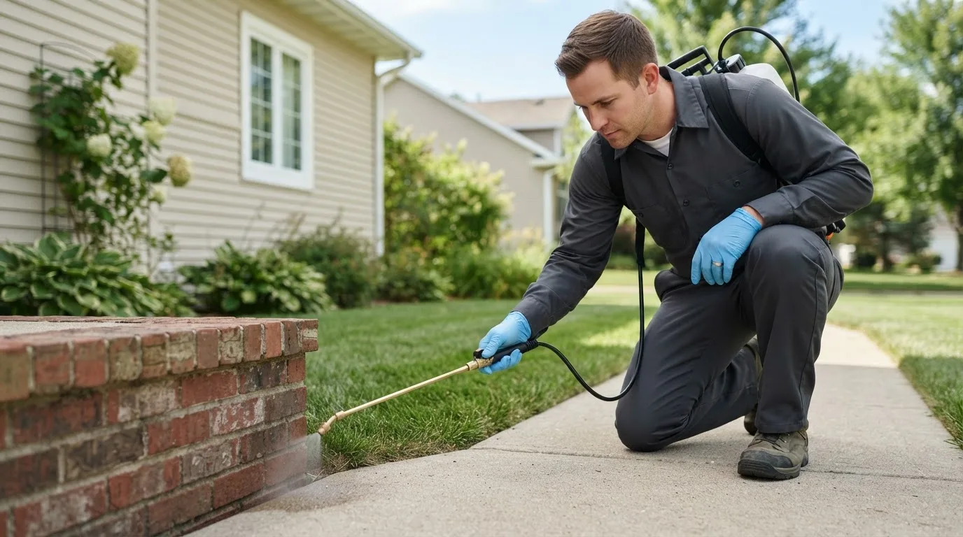 Pest control technician treating a home near Nebraska City, NE