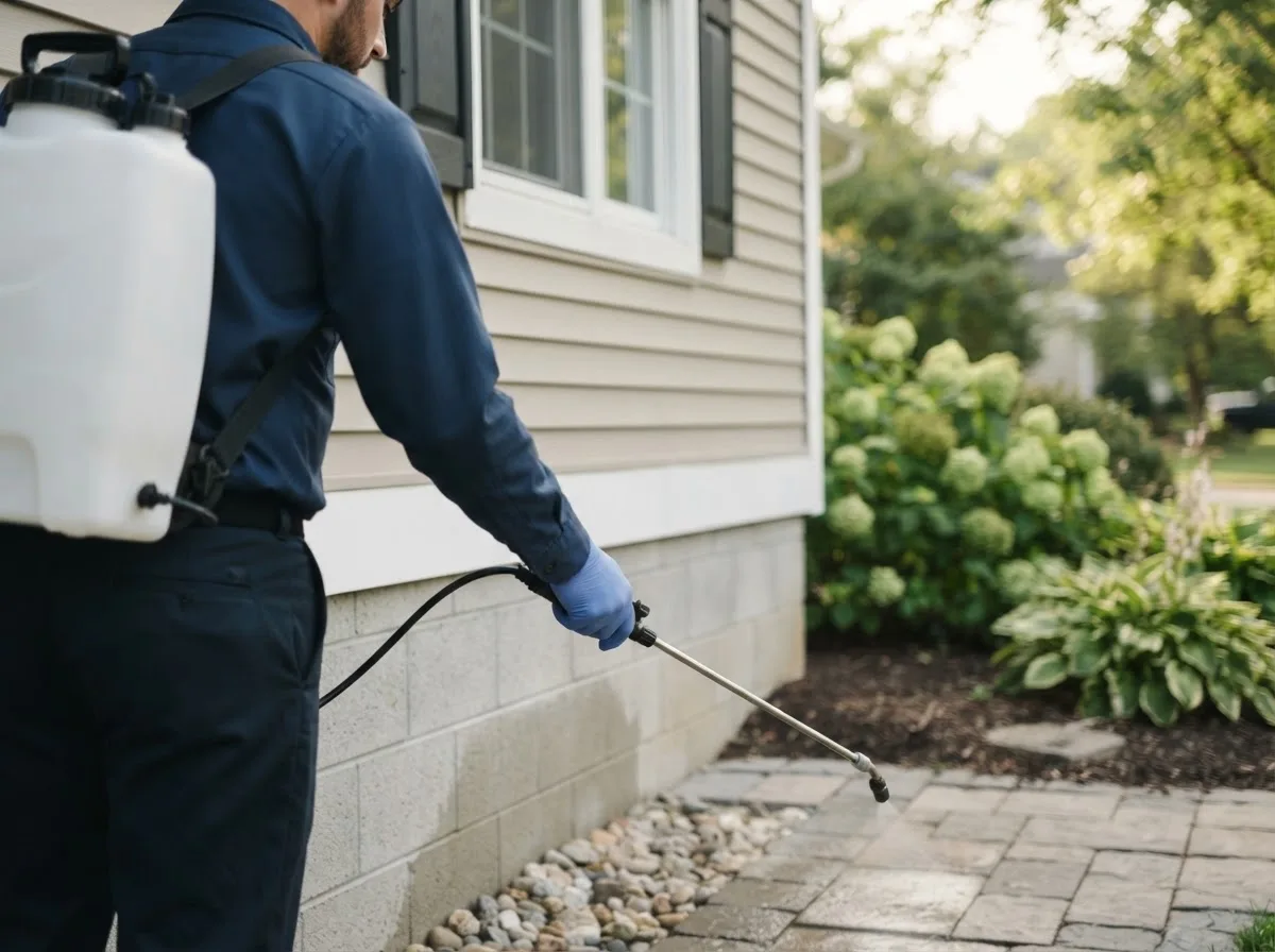 Pest control technician inspecting a home in Nebraska City, NE